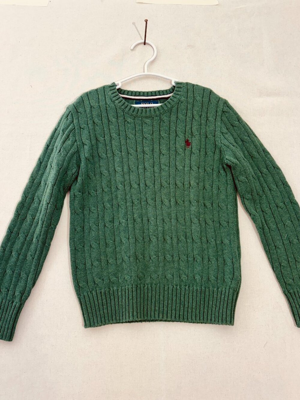 Polo Ralph Lauren Boys Size 8 S Green Cable Knit Cotton Crewneck Sweater Pony